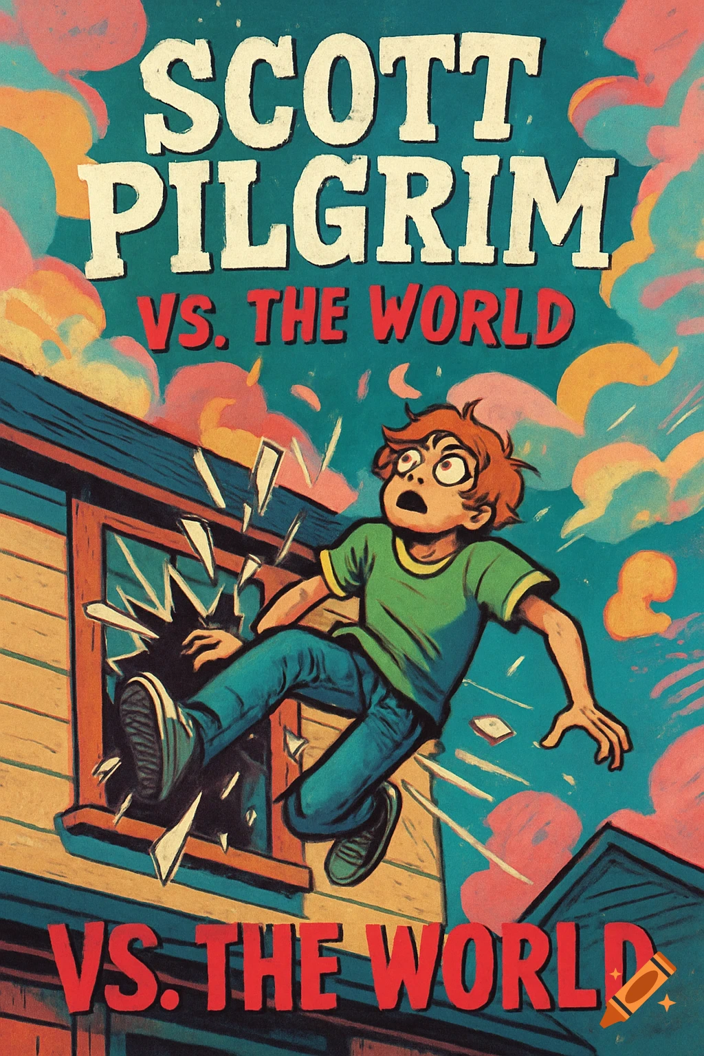 Stylized illustration of a character bursting through a window, with the text 'Scott Pilgrim vs. The World'.