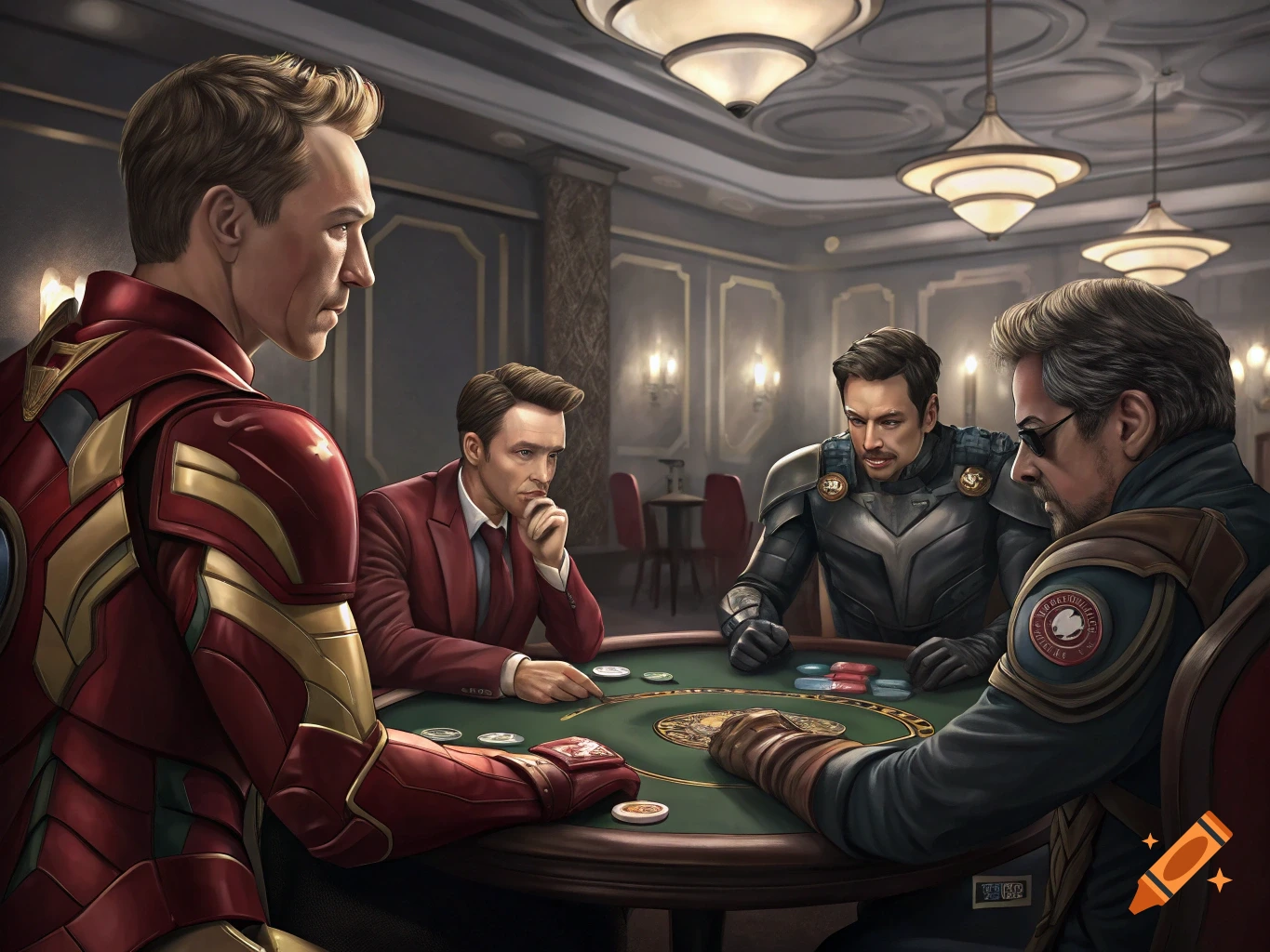 Four characters in superhero-like costumes and suits play poker at a table in a dimly lit room.