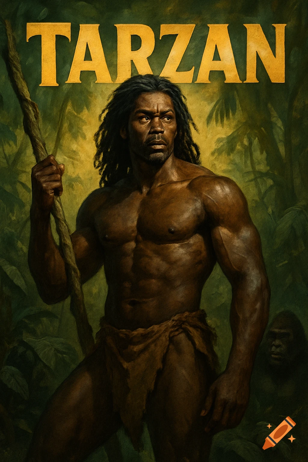 Painted movie poster of a muscular Black man as Tarzan holding a staff in a jungle, with 'TARZAN' text.