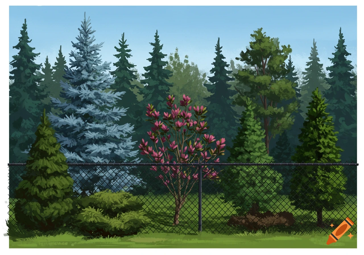 Illustrative landscape with evergreen trees, pink flowering bush, and black chain-link fence.