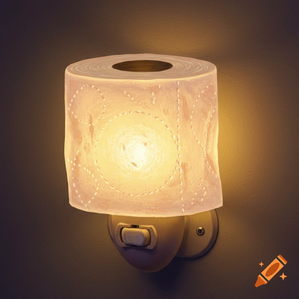 A toilet paper roll used as a lampshade on a plugged-in night light, glowing warm light.