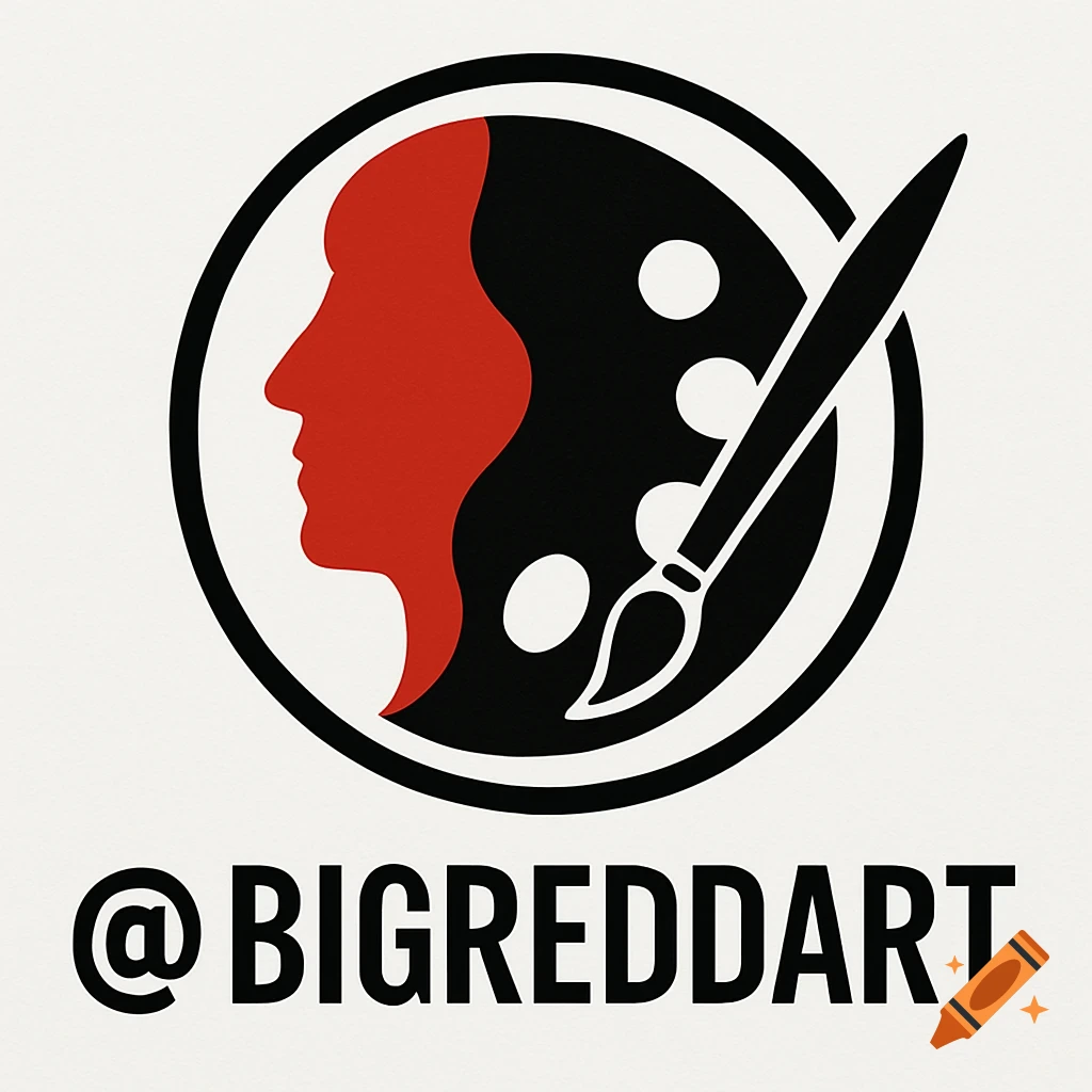Logo with a profile silhouette, palette, brush, and text '@ BIGREDDART'