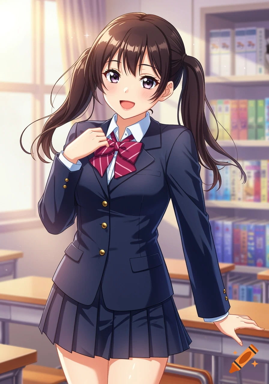 Anime girl in school uniform with pigtails smiling in a classroom.