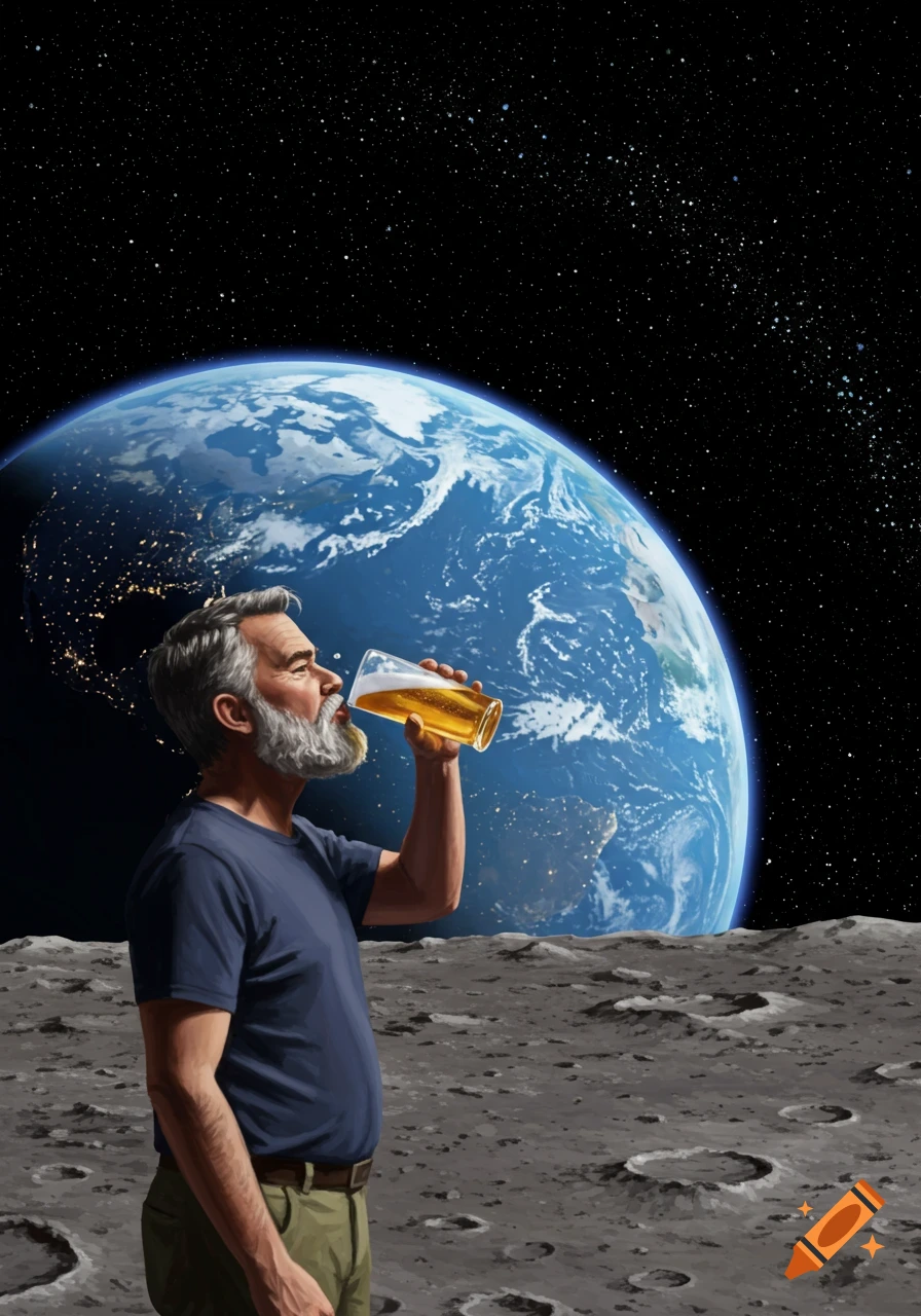 An older man with a beard drinks beer while standing on the moon, with Earth visible in the background.
