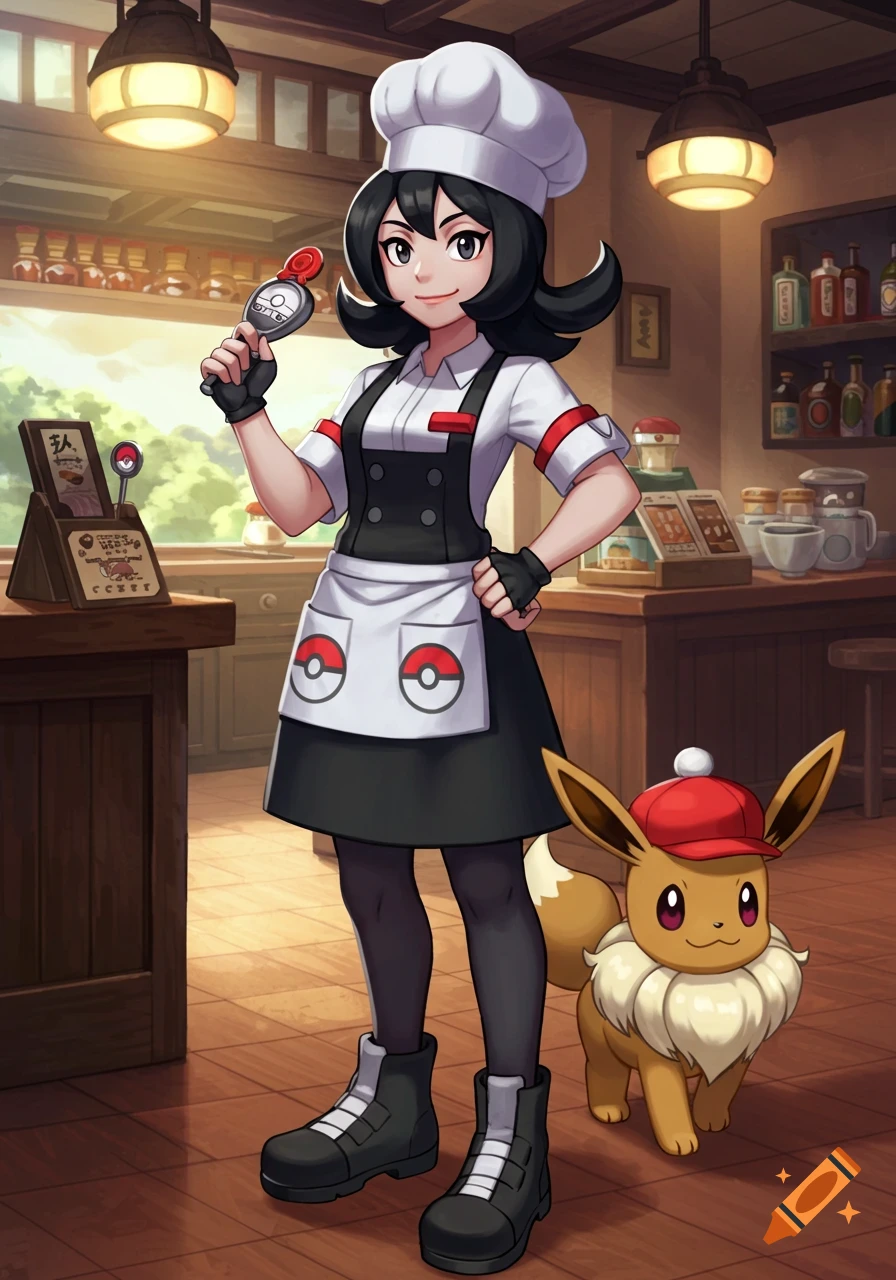 A female chef in a cafe with an Eevee wearing a red cap, in the style of Pokemon.