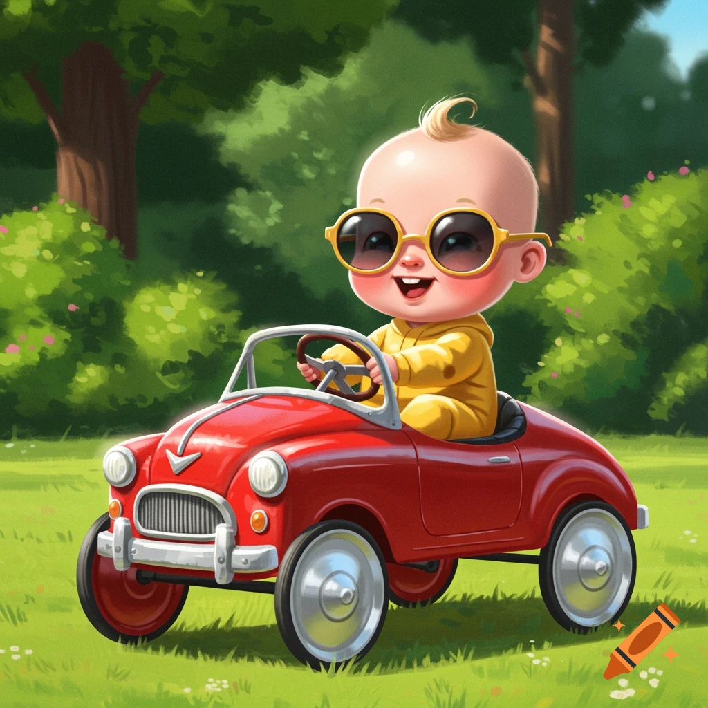 Cartoon illustration of a baby wearing sunglasses driving a red toy car in a park.