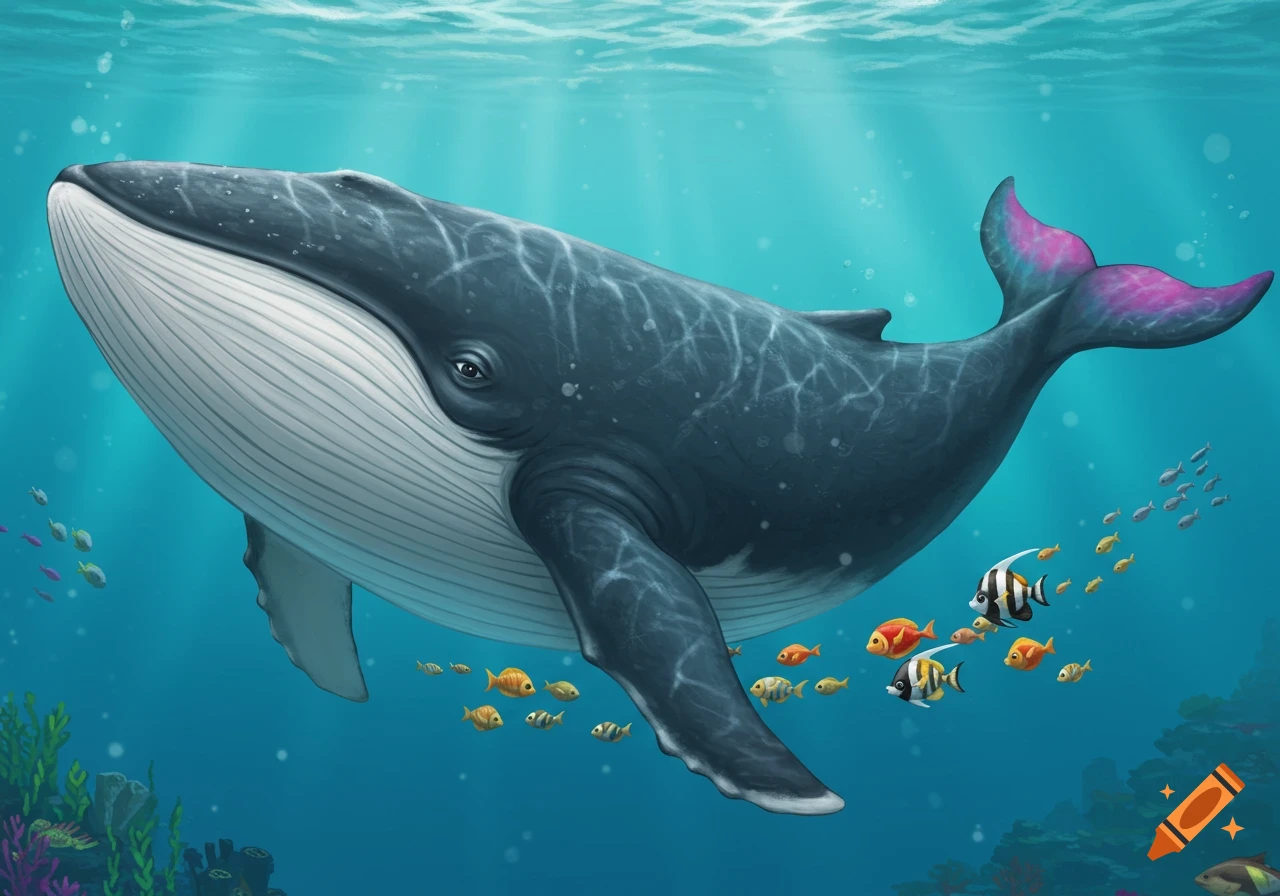 Illustration of a large whale swimming with many fish in clear blue water with light rays from above.