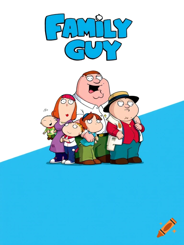 Family Guy cartoon characters Peter, Lois, Chris, Meg, and Stewie stand together below the show's logo.
