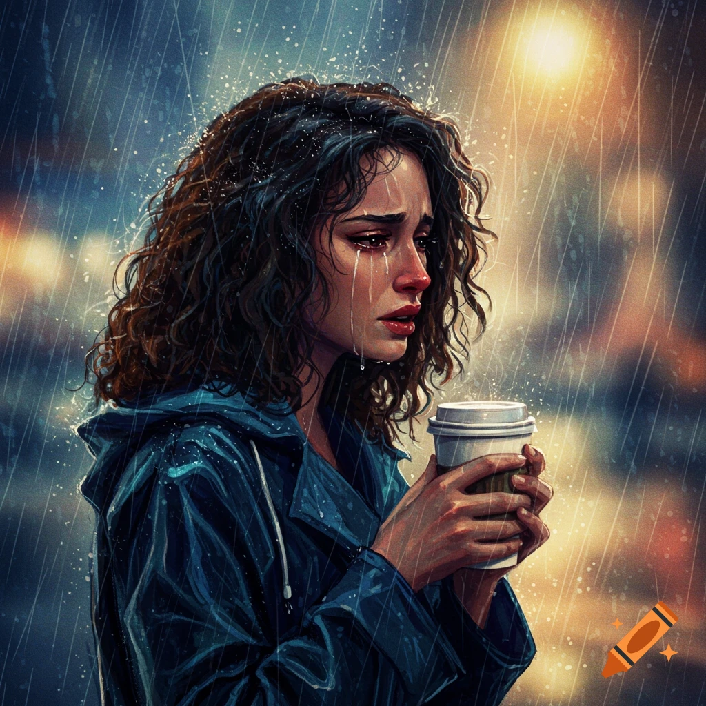 Illustrative portrait of a crying woman holding coffee in the torrential rain
