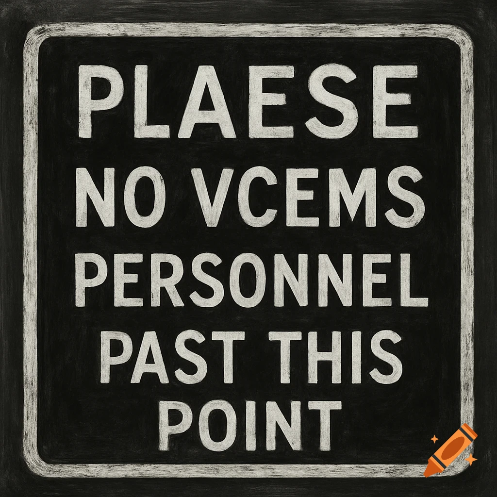 Black sign with white chalk-style text saying 'PLAESE NO VCEMS PERSONNEL PAST THIS POINT'