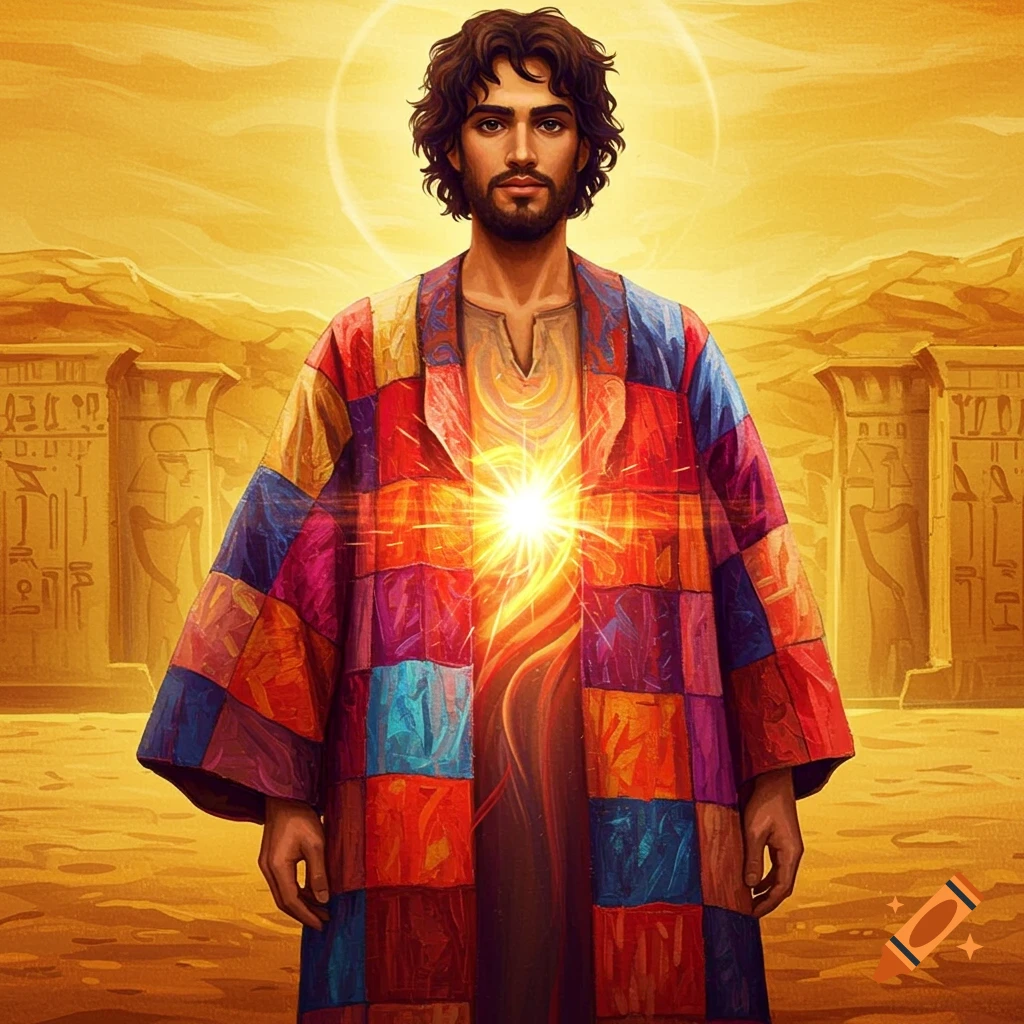 Detailed illustration of a man in a colorful patchwork coat standing in a desert with Egyptian ruins behind him and light emanating from his chest.