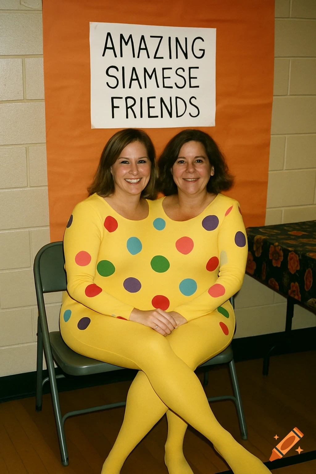 Two women in a yellow polka-dot conjoined costume sit in a chair next to a sign that reads "AMAZING SIAMESE FRIENDS".