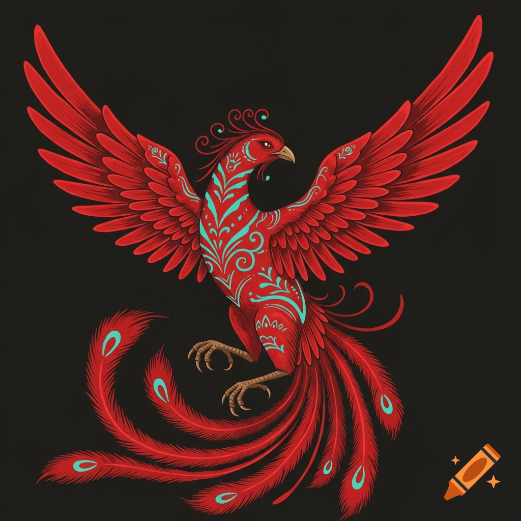 A red phoenix with turquoise folk art patterns on a black background.