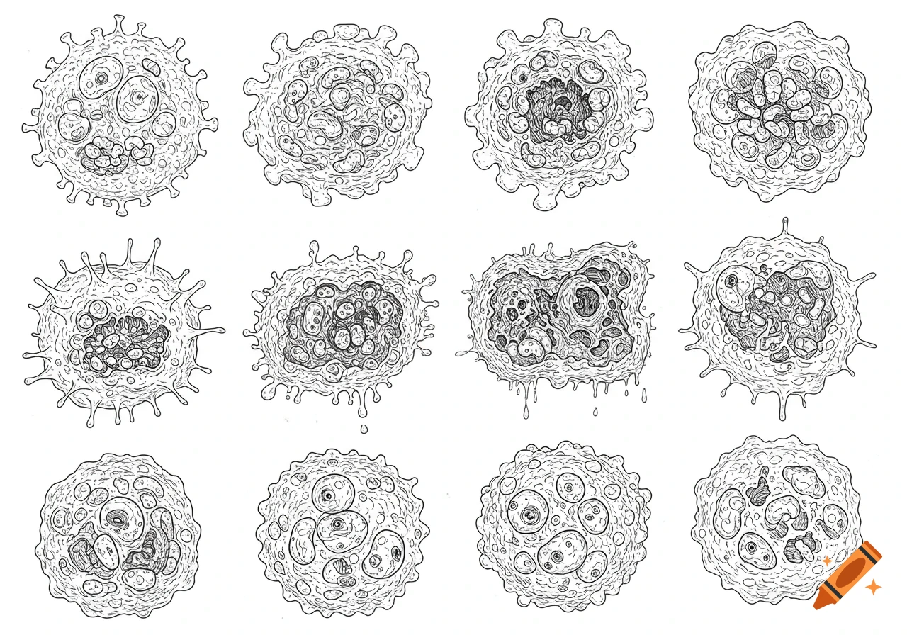 Black and white line art illustration grid showing twelve mutating cells with spiky and slimy details.