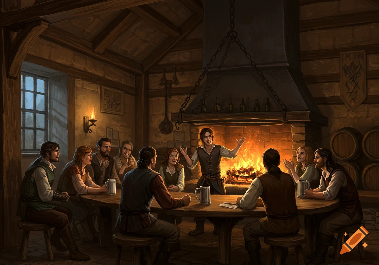A group of people gathered around a fireplace in a cozy medieval tavern, listening to a speaker.