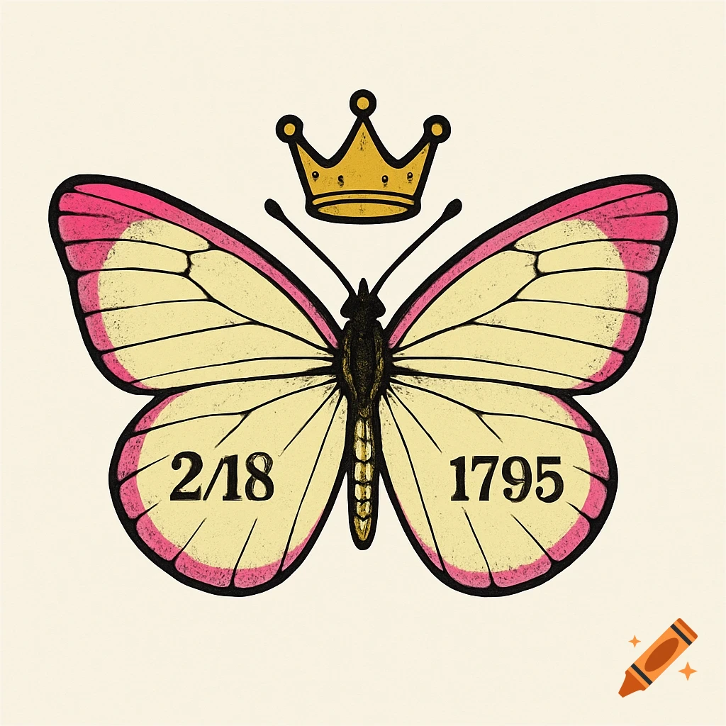 A logo of a pink and yellow butterfly wearing a gold crown with the numbers 2/18 and 1795 on its wings.