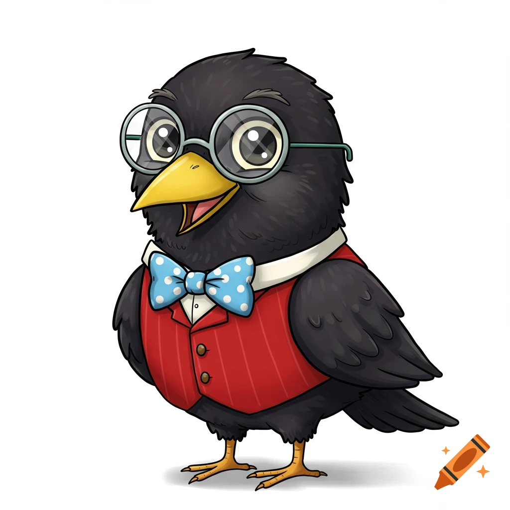 Cute cartoon black crow wearing glasses, red vest, and blue polka dot bow tie