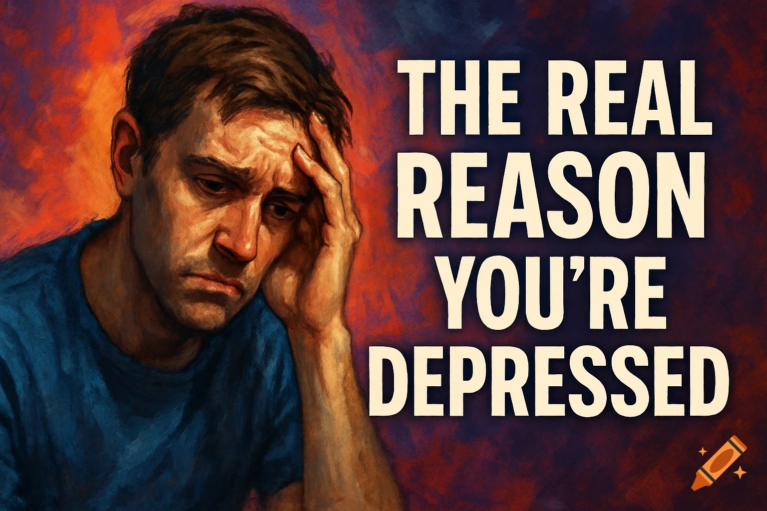 Illustration of a sad man holding his head with text 'The Real Reason You're Depressed'