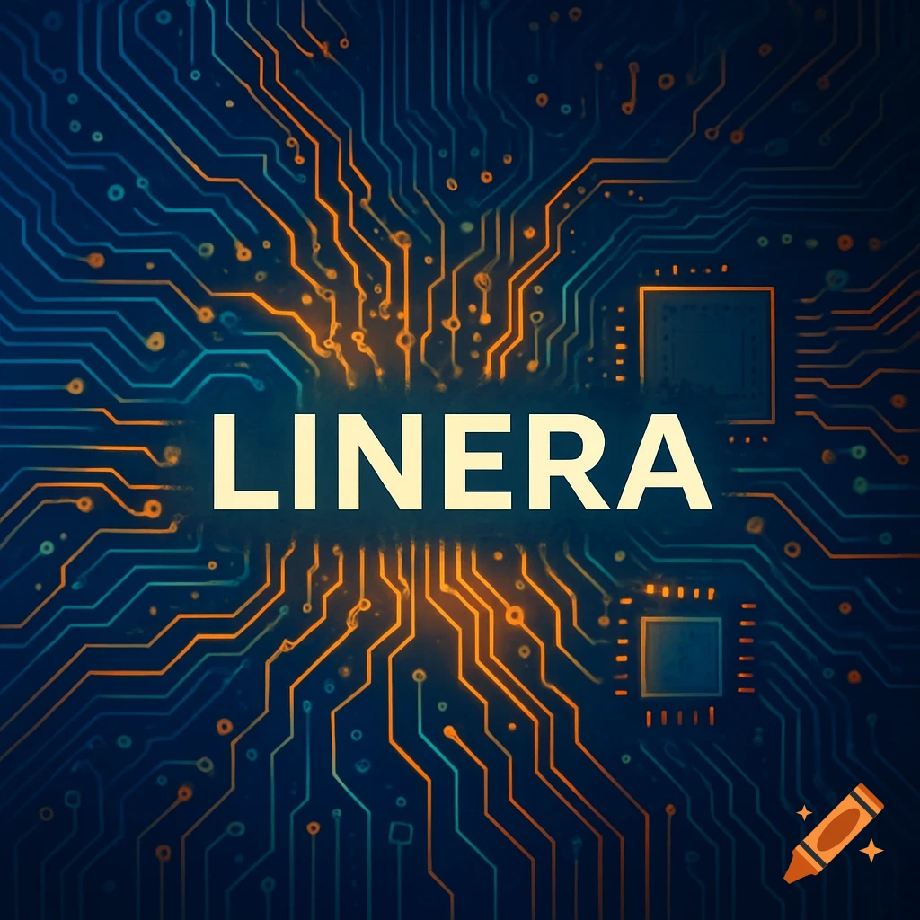 Circuit board pattern with glowing lines and the text LINERA in the center