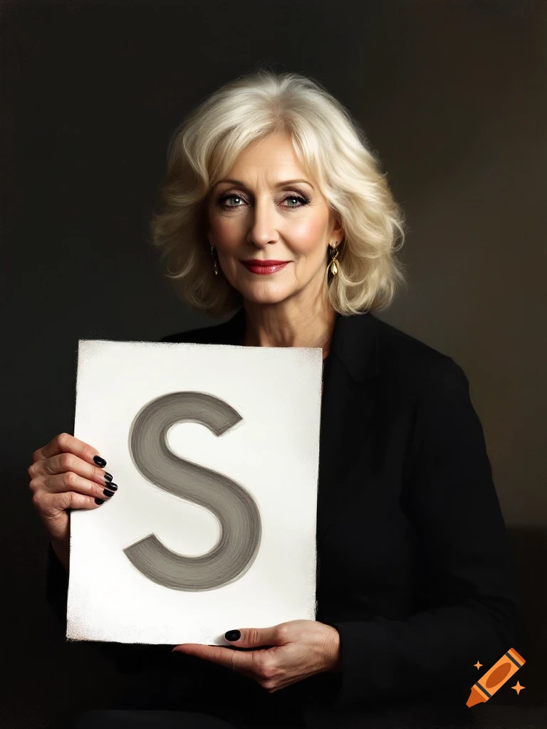 A woman holding a sign with a large letter S, studio portrait.