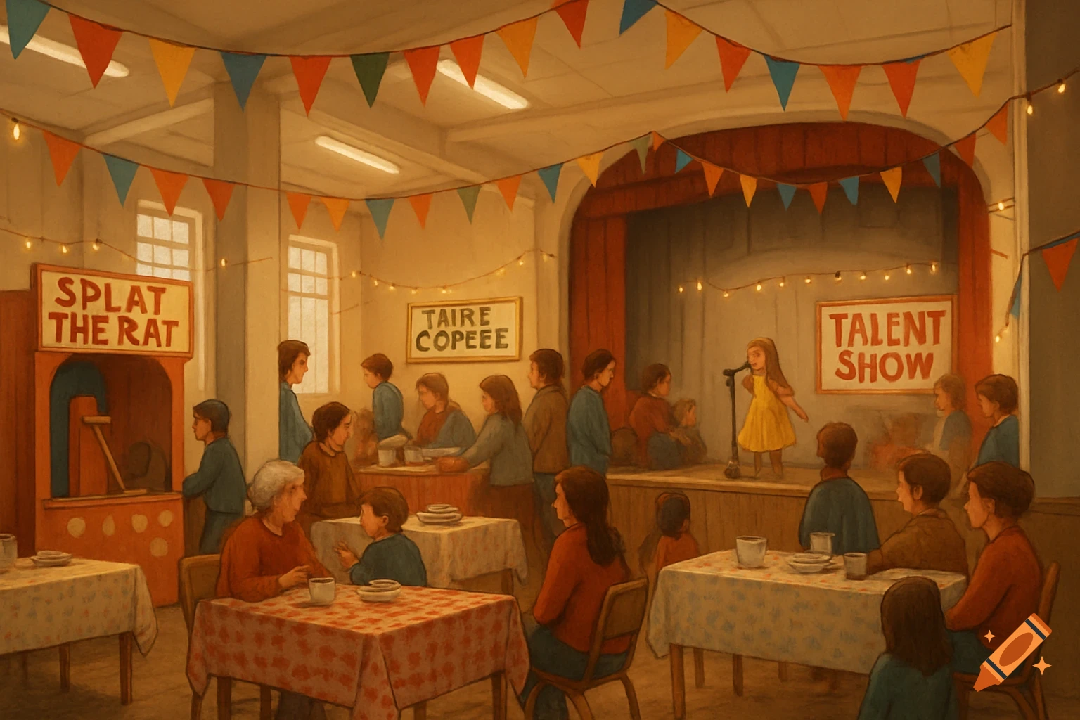 Painting of a busy indoor community event with a talent show stage, games like Splat the Rat, and tables with people watching.