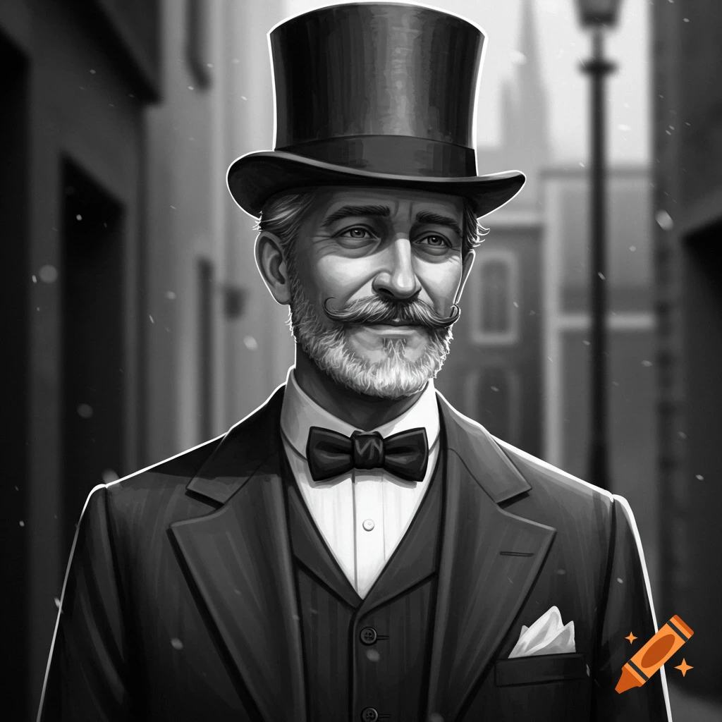 Black and white portrait of a man in a top hat, suit, and bowtie