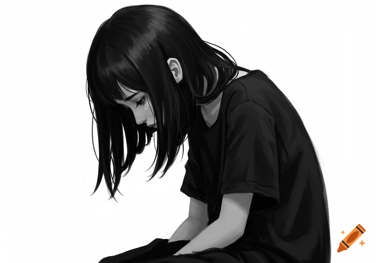 Black and white illustration of a sad girl crying