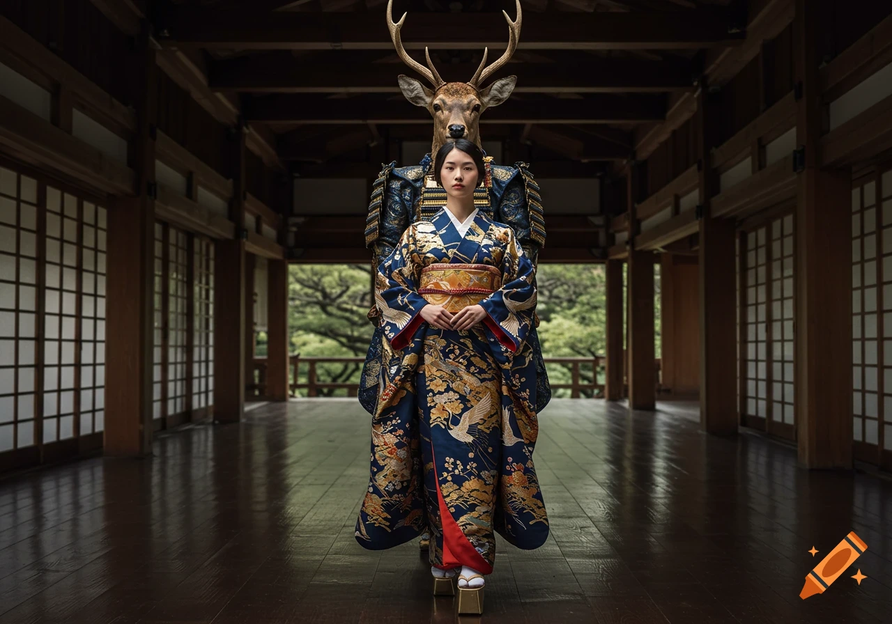 A woman in a detailed kimono stands before a large figure with a deer head and armor in a traditional Japanese building.
