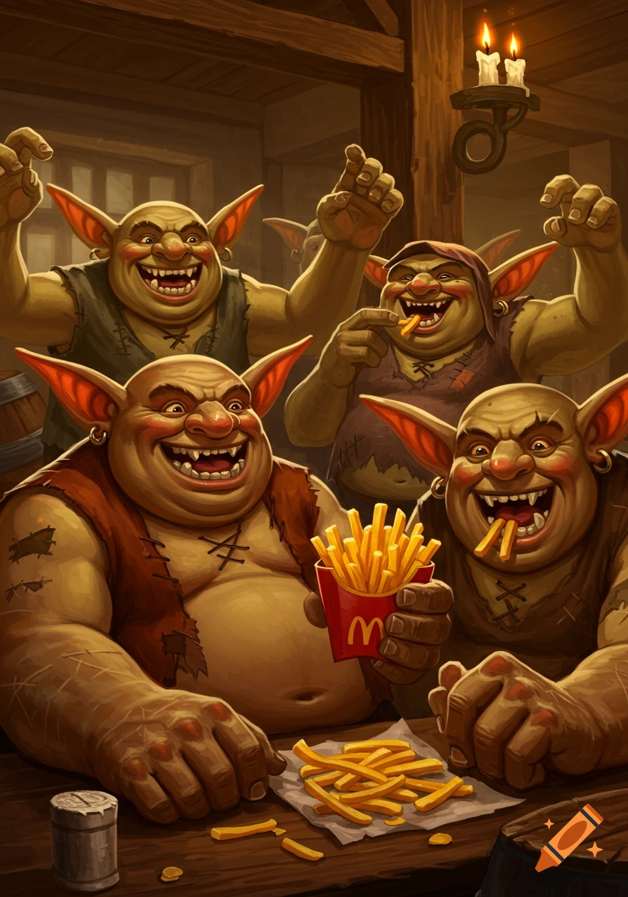 Illustrated image of several fat goblins happily eating french fries in a tavern.