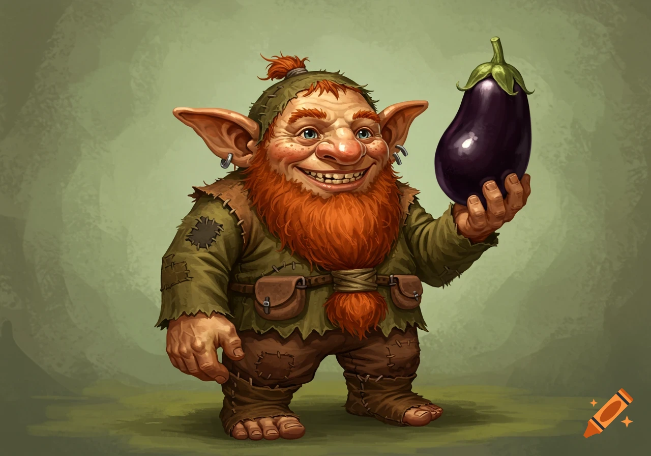 A fantasy digital painting of a smiling goblin or dwarf creature in ...