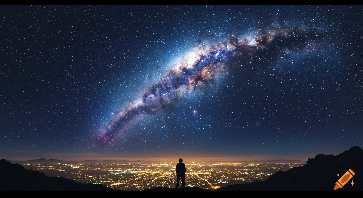 A silhouette of a person stands on a hill overlooking a city at night, with the Milky Way galaxy stretching across the star-filled sky.