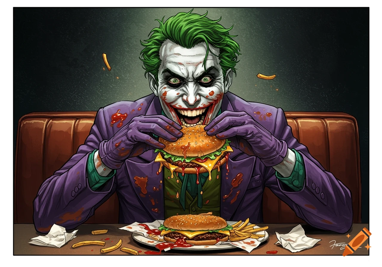 The Joker messily eating a cheeseburger and fries in a comic book illustration style.