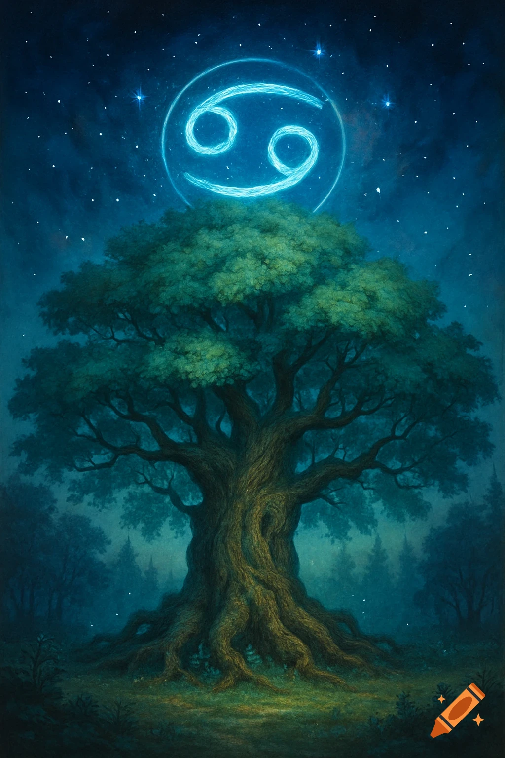 Large ancient tree under a starry night sky with a glowing blue Cancer astrological symbol above it, digital painting style.