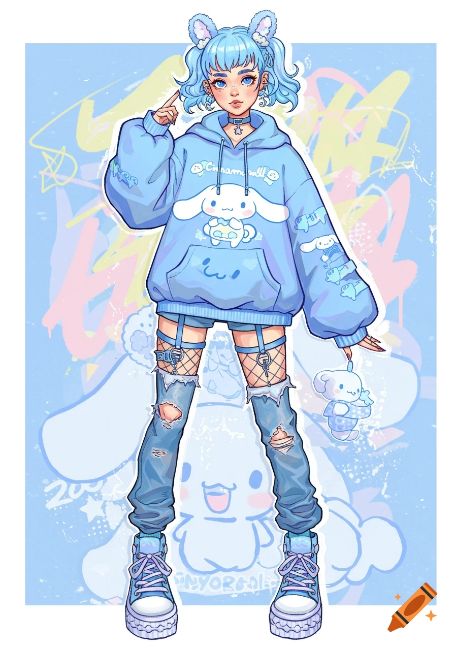 Anime illustration of a girl in a blue Cinnamoroll hoodie, ripped jeans, and platform sneakers.