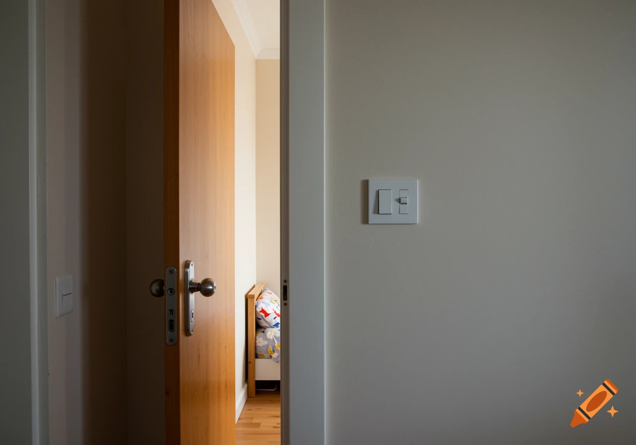 A wooden door is slightly ajar, revealing a child's bed. A white light switch is mounted on the wall next to the doorframe.