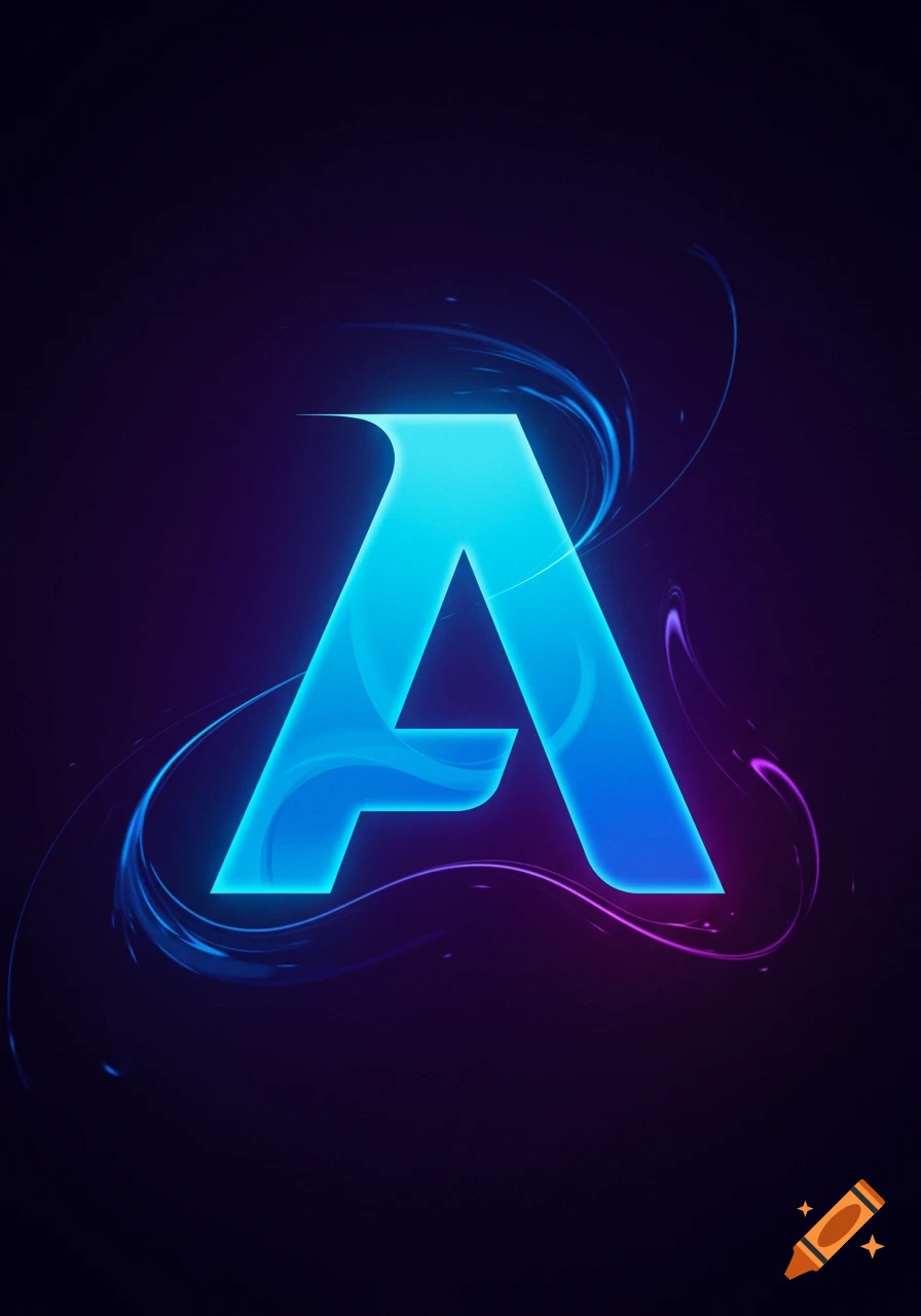 A stylized blue glowing letter A with swirling blue and purple effects on a dark background.