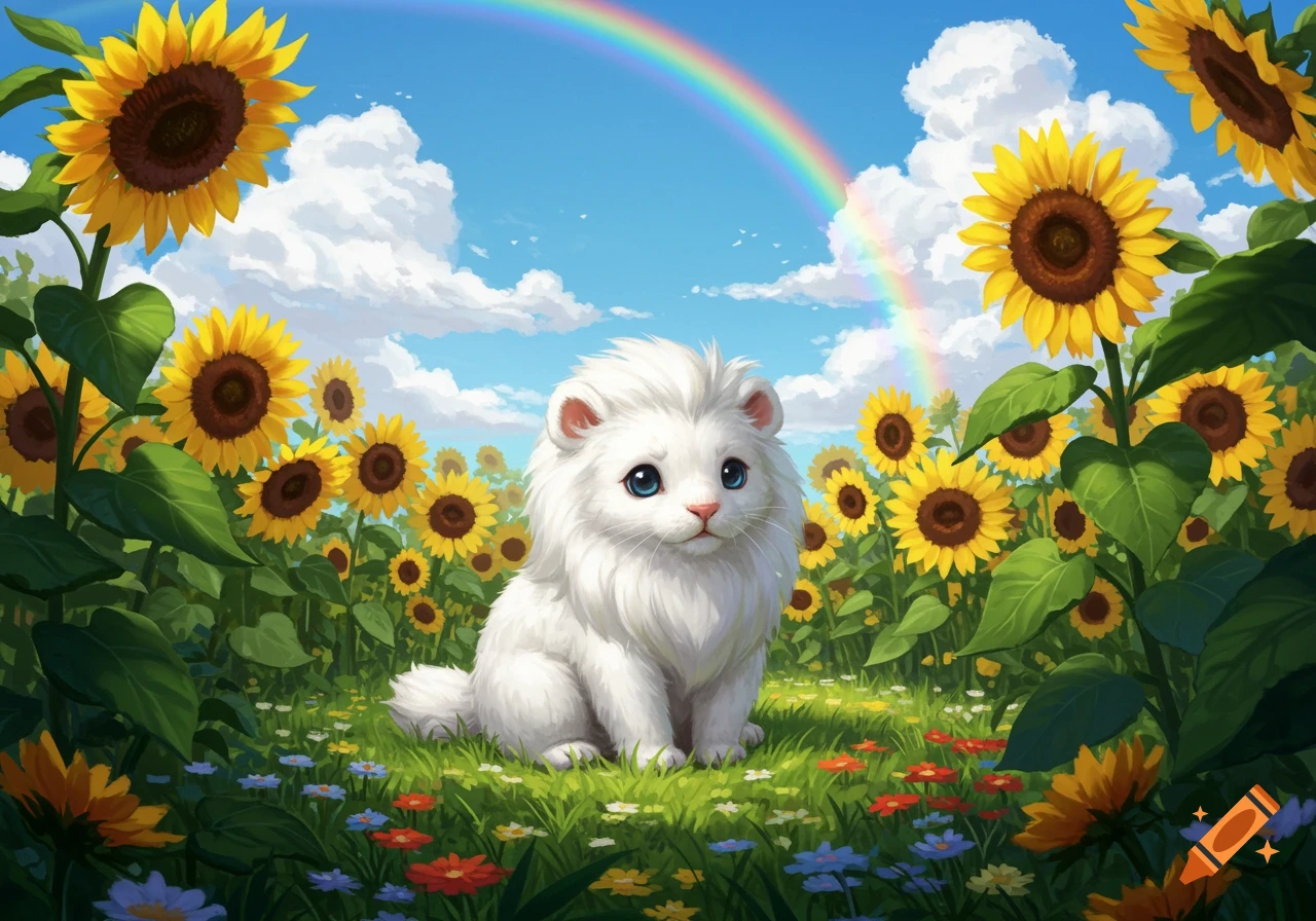 A white fluffy fantasy creature sits in a field of sunflowers under a blue sky with a rainbow.