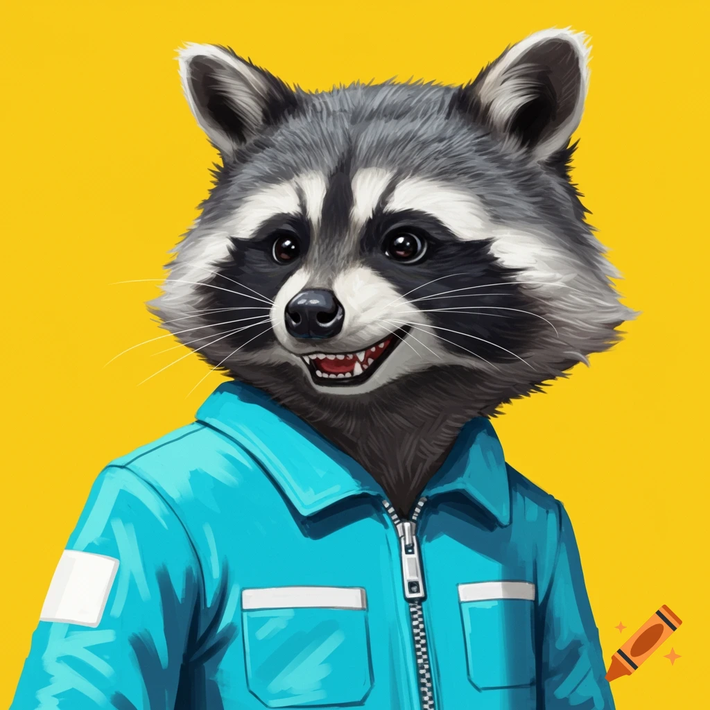 Illustration of a cartoon-style raccoon wearing a blue jumpsuit on a yellow background.