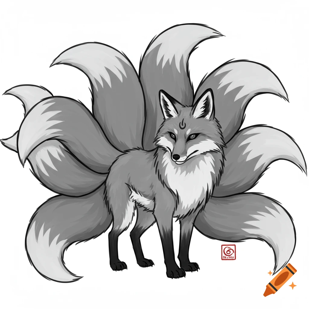 A stylized grayscale drawing of a nine-tailed fox standing.