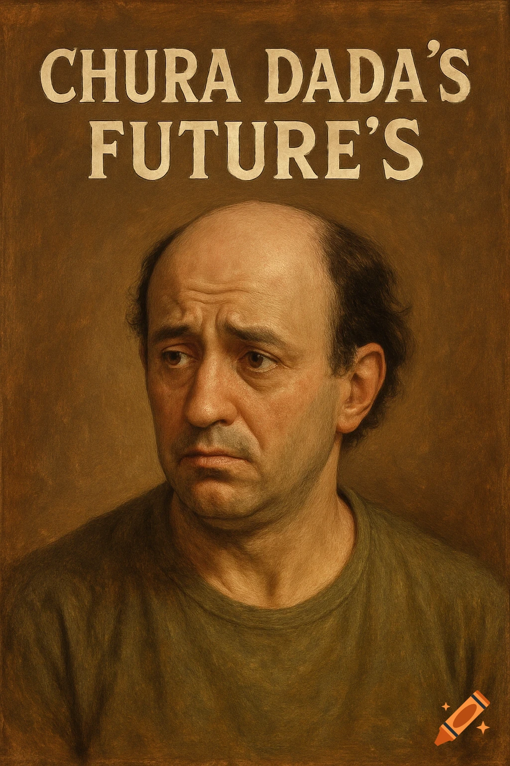 A painted portrait of a sad-looking bald man with text above reading "CHURA DADA'S FUTURE'S".