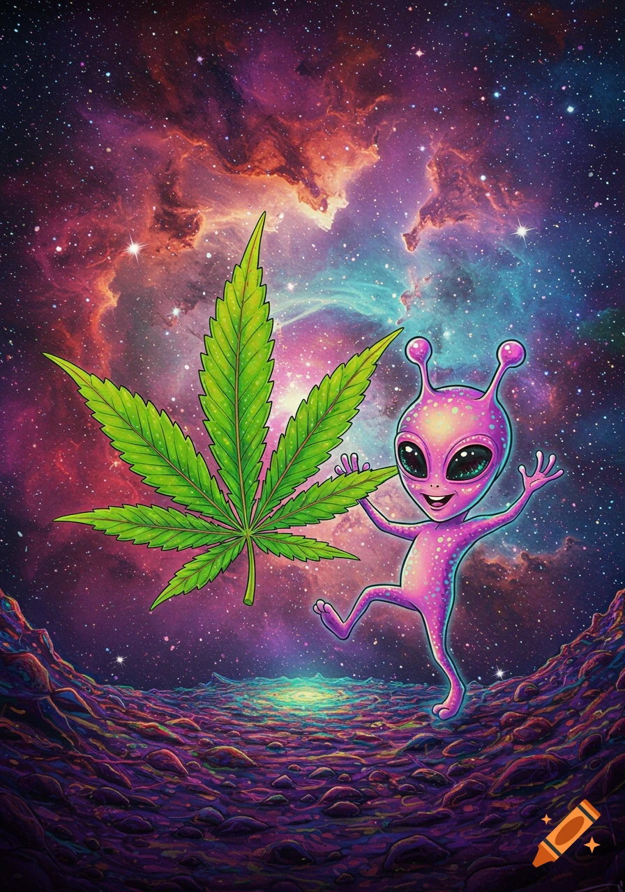 A purple alien dances beside a large green cannabis leaf in a vibrant, psychedelic space landscape.