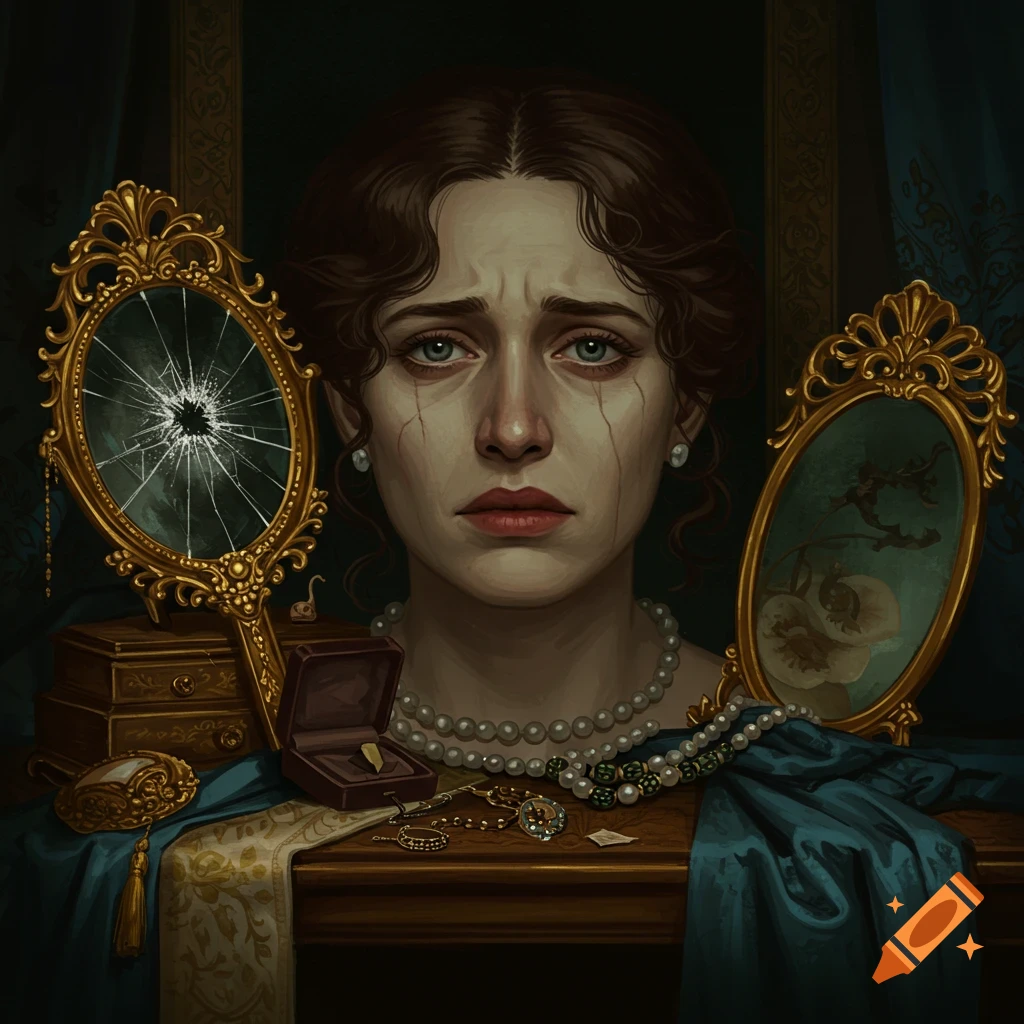 Painterly portrait of a crying woman surrounded by jewelry, a broken mirror, and an intact mirror.