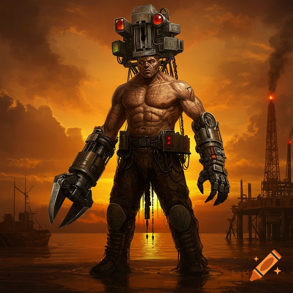 Muscular human-oil rig hybrid creature stands on a beach at sunset near industrial oil rigs.