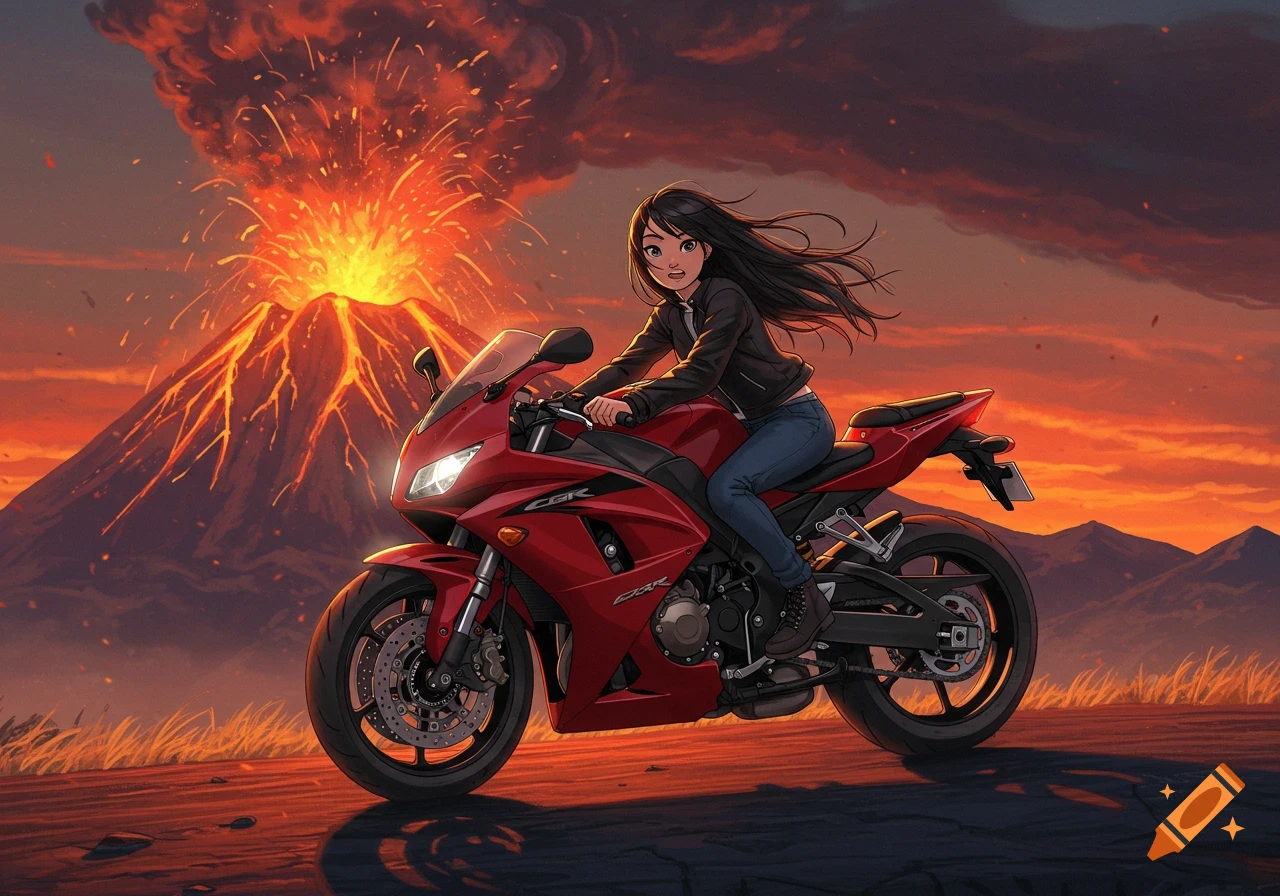 Anime girl rides red sports bike past erupting volcano at sunset in anime style.