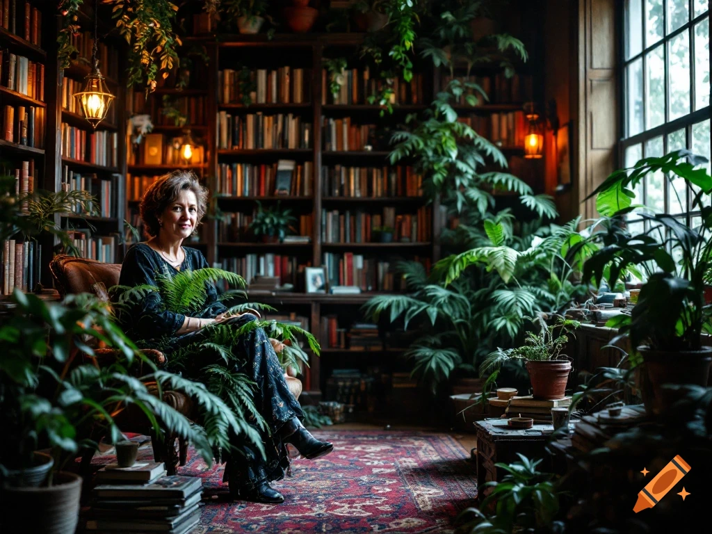 Woman sits in a dimly lit library filled with books and plants, with cinematic lighting.