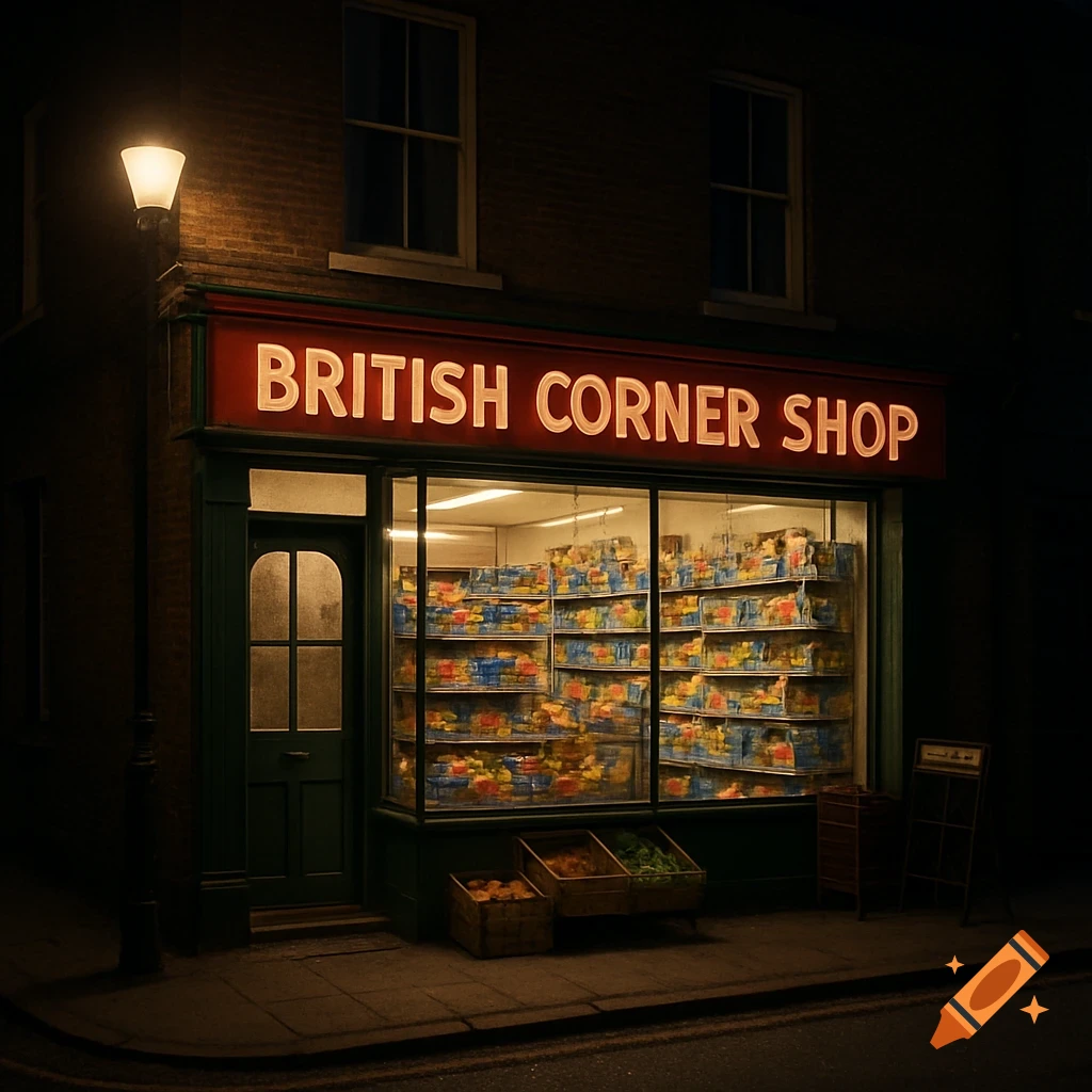 Exterior view of a British Corner Shop at night, with an illuminated sign and window display.