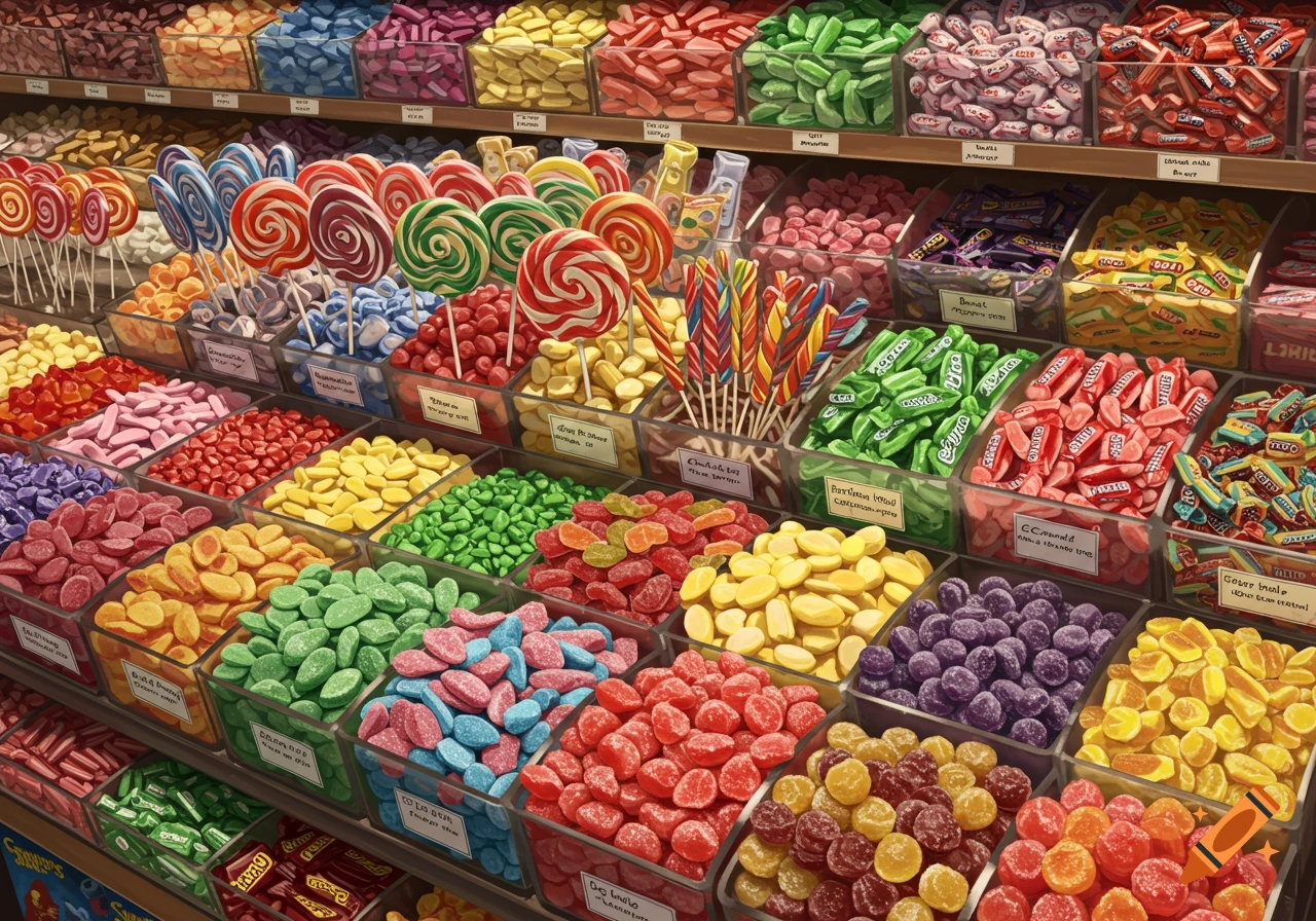 A vibrant close-up of a candy store display filled with various colorful candies, lollipops, and sweets.