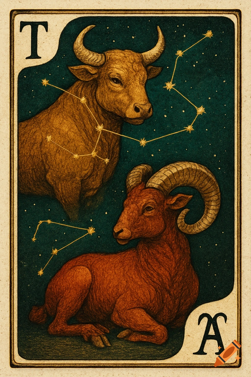Stylized illustration of a bull and ram under starry constellations on a card with corner letters T and A