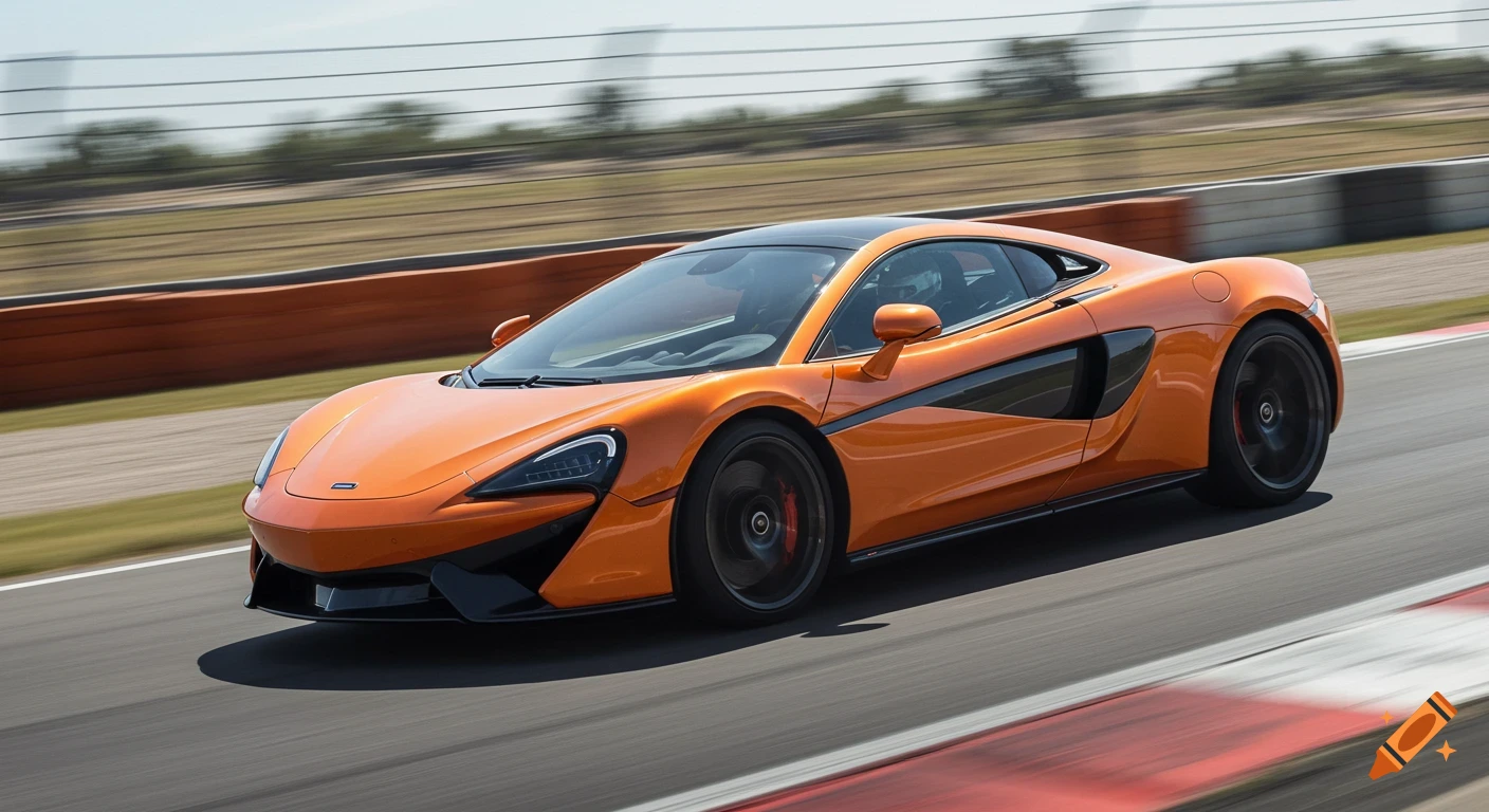 An orange McLaren 570S drives on a racetrack with motion blur.