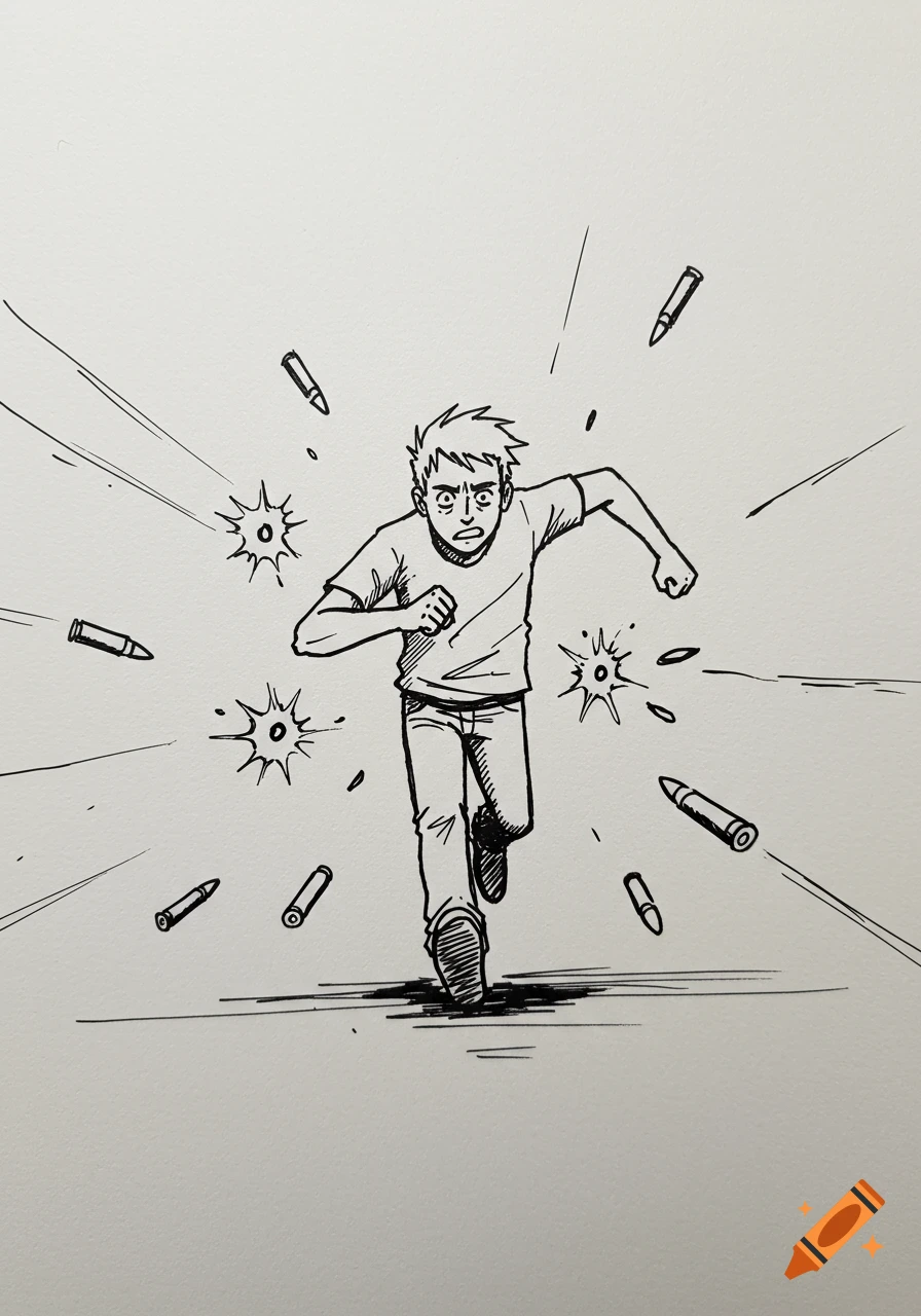 A black and white comic-style drawing of a man running towards the viewer with bullets flying around him.